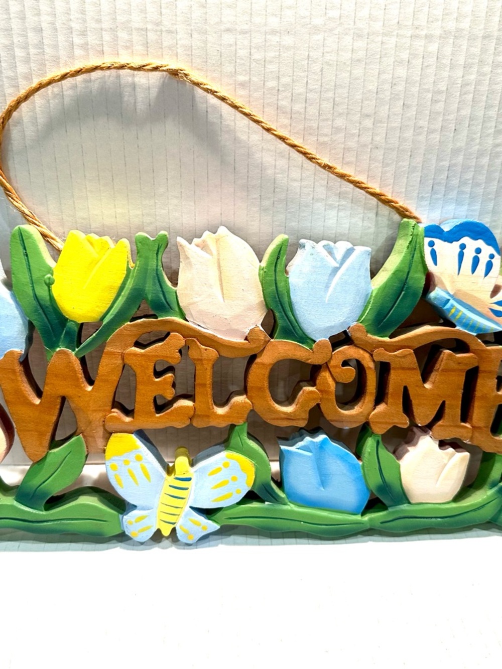 Floral "WELCOME" Wall Hanging with Tulips and Butterflies 7x15.5